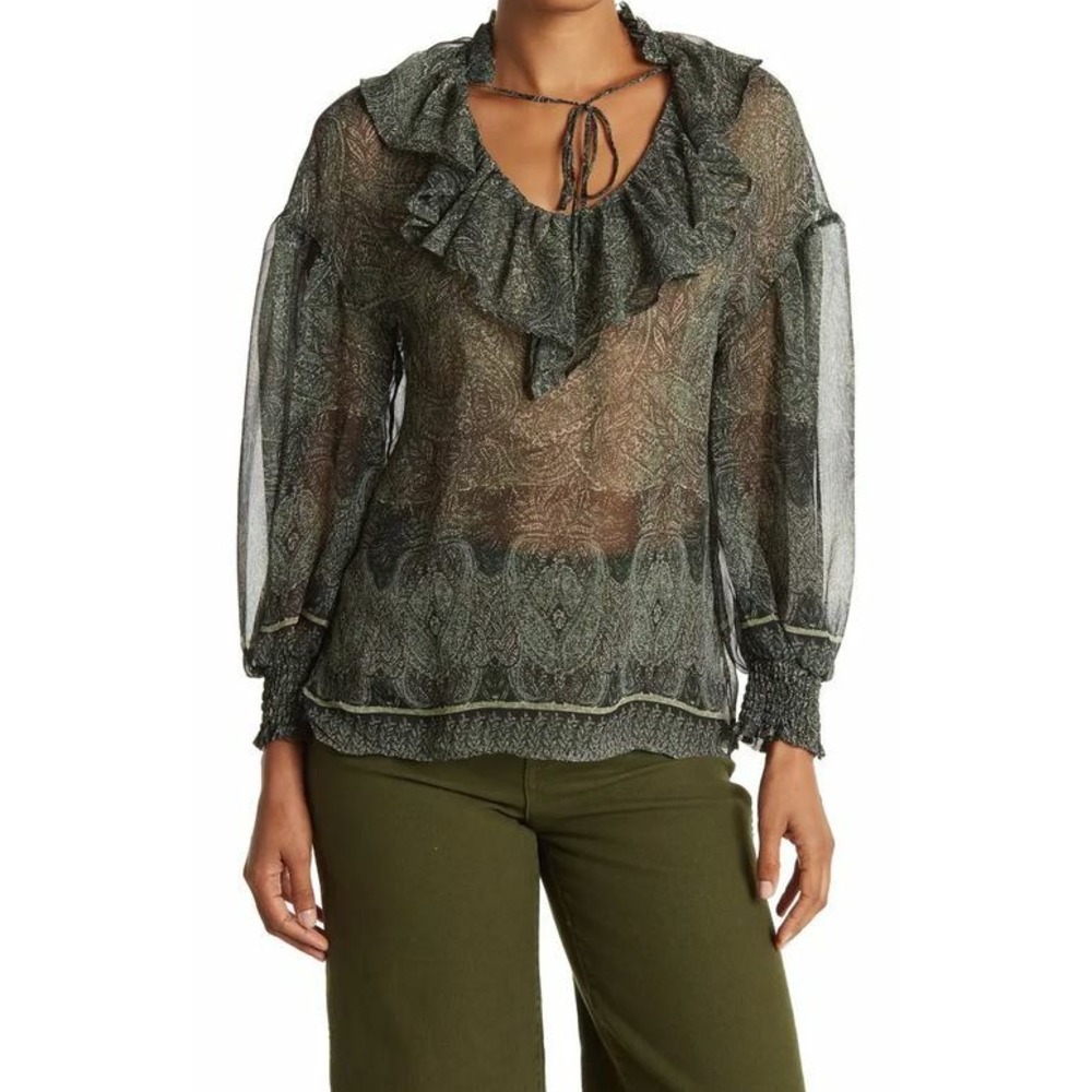 Catherine Malandrino Green White Paisley Print Ruffle Blouse MCT13209 M